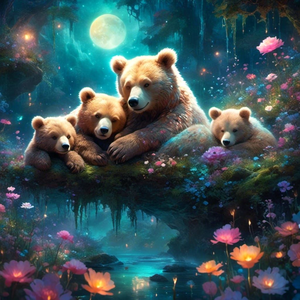 Bear Cubs Sleeping on Bioluminescent Moon in Galaxy