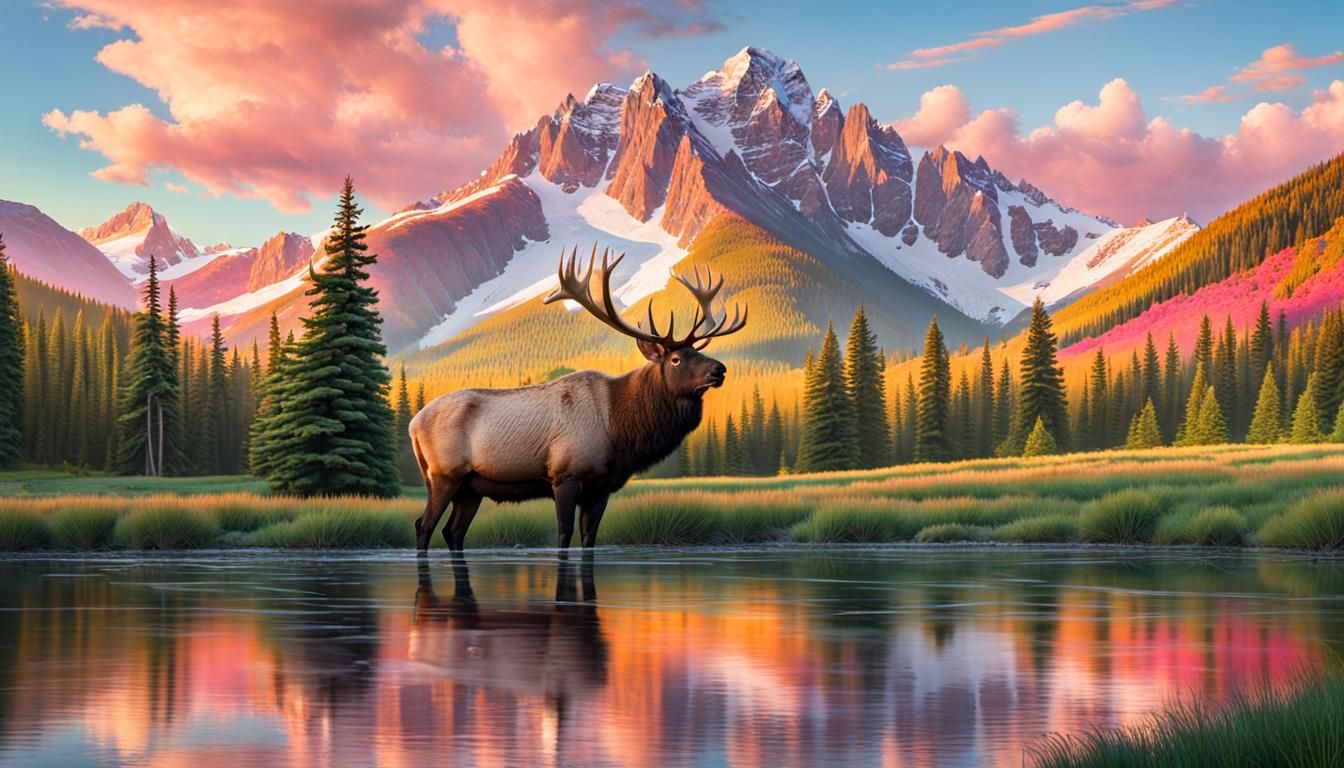 Majestic Mountain and Elk Landscape at Sunset