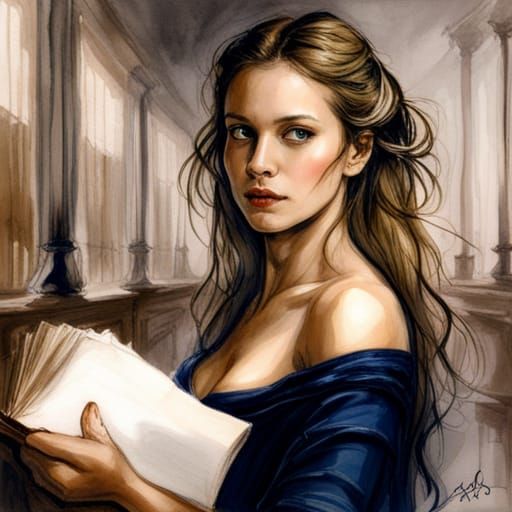 Student Lady in Dark Academy Library, Hyperrealistic
