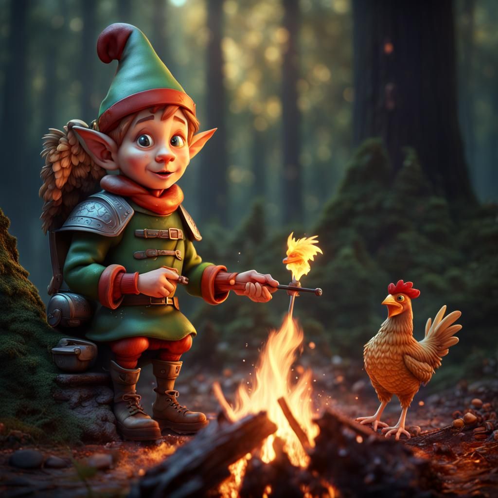 Bobblehead Elf Roasting Chicken: Detailed Matte Painting