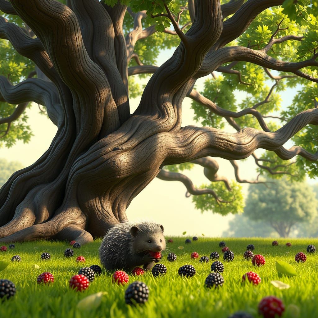 Warmth Under Ancient Oak: Tiny Porcupine Enjoys Sumptuous Be...