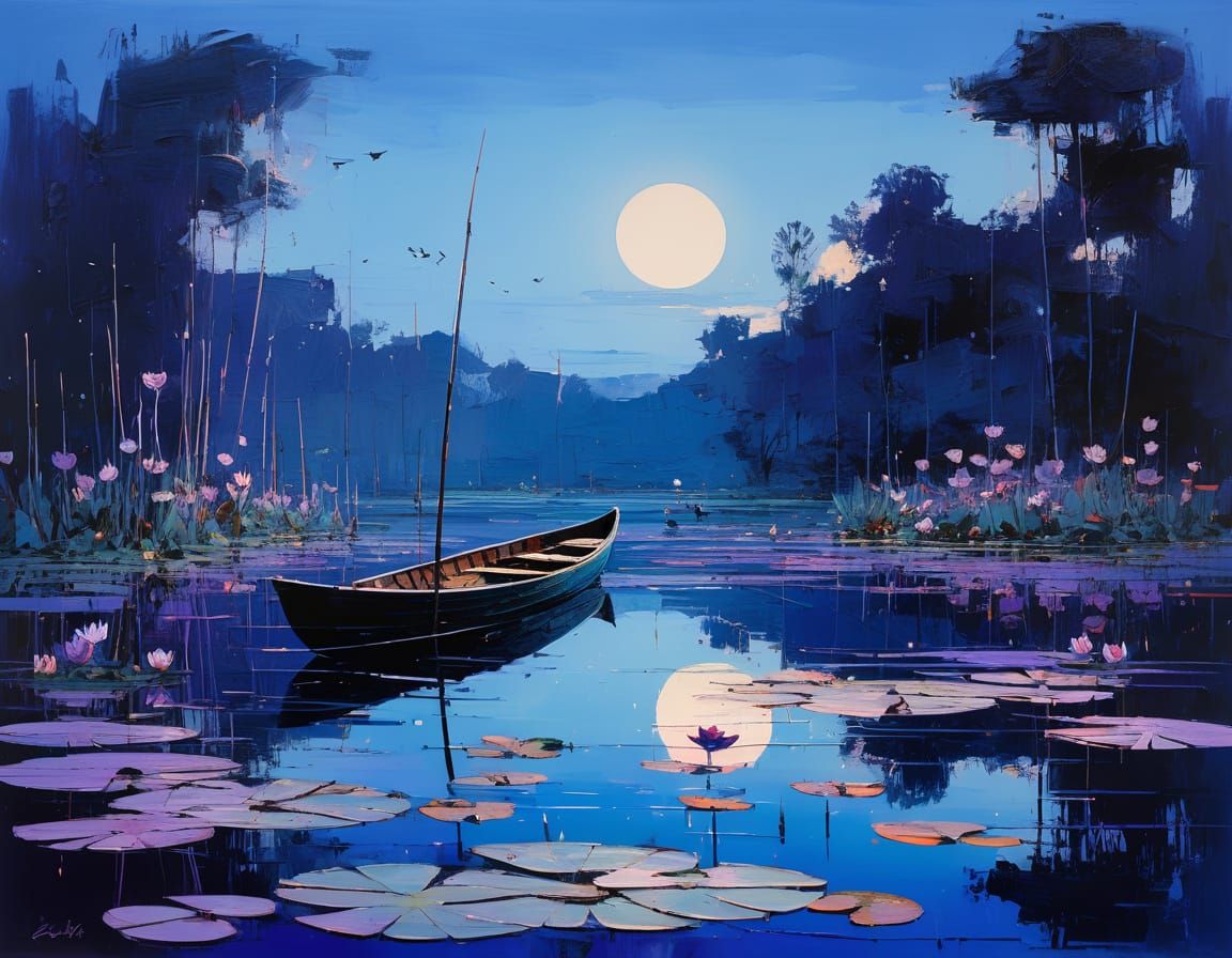 Tranquil Lake at Dusk with Boat and Water Lilies