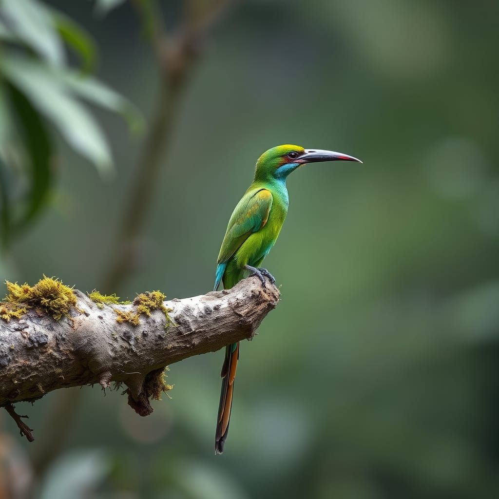 Colorful Tropical Bird on Mossy Branch in Lush Jungle