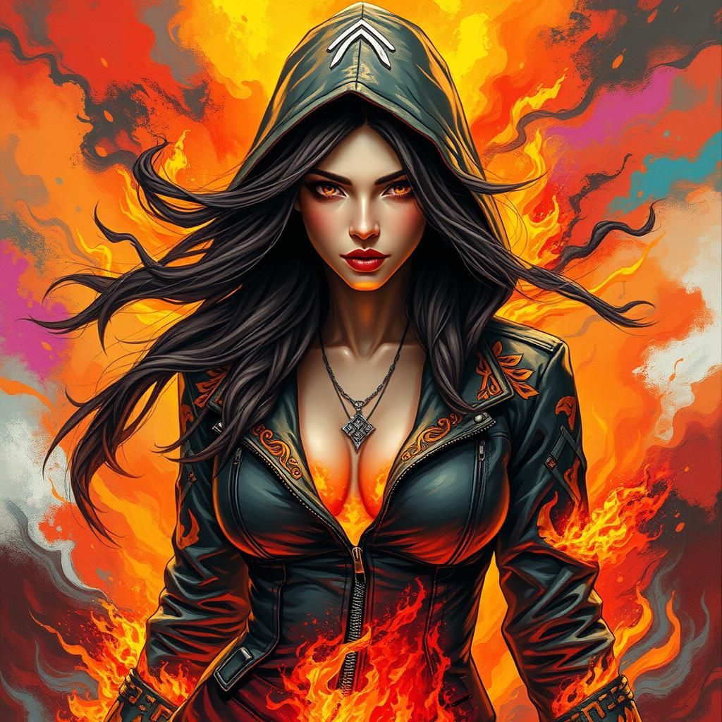 Fiery Assassin Portrait in Graffiti Style