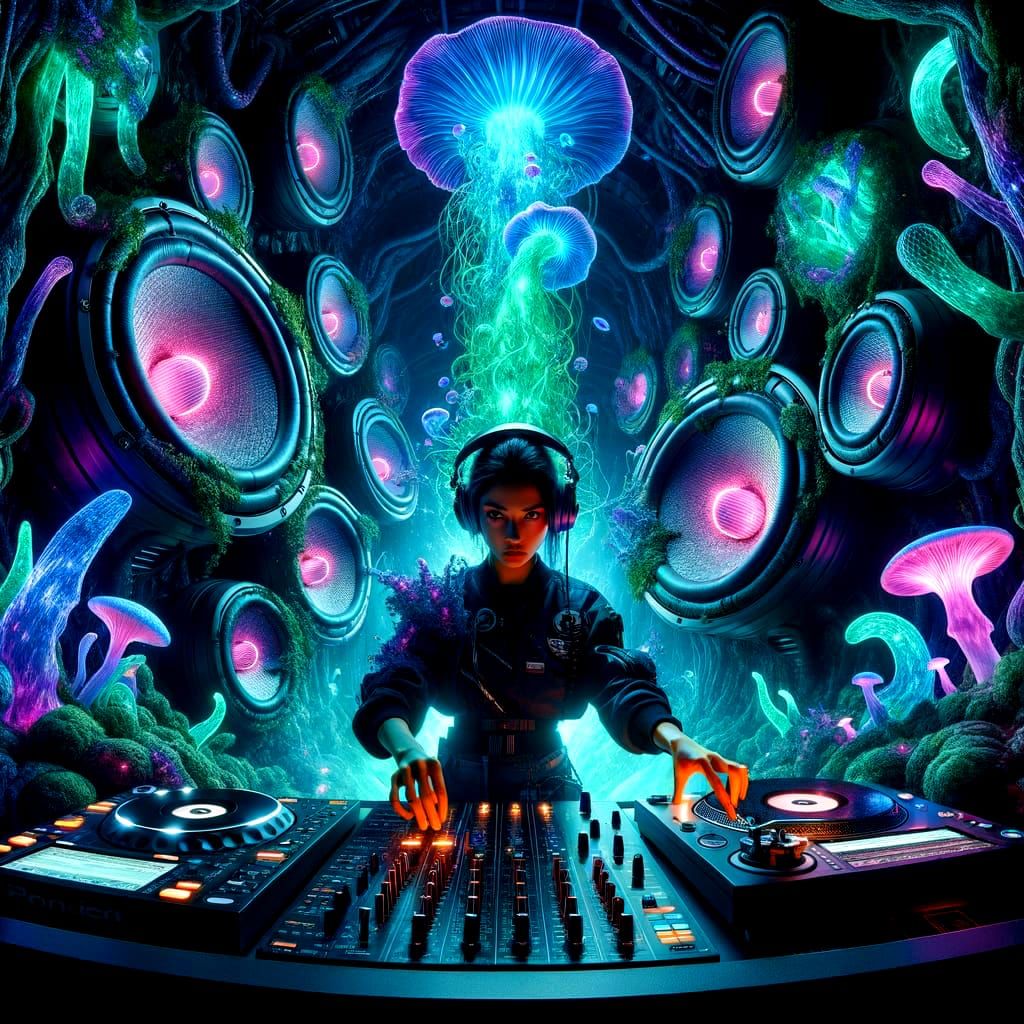 Futuristic DJ in Bioluminescent Studio