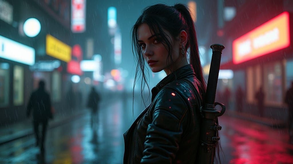 Cyberpunk V in Rain-Soaked Night City