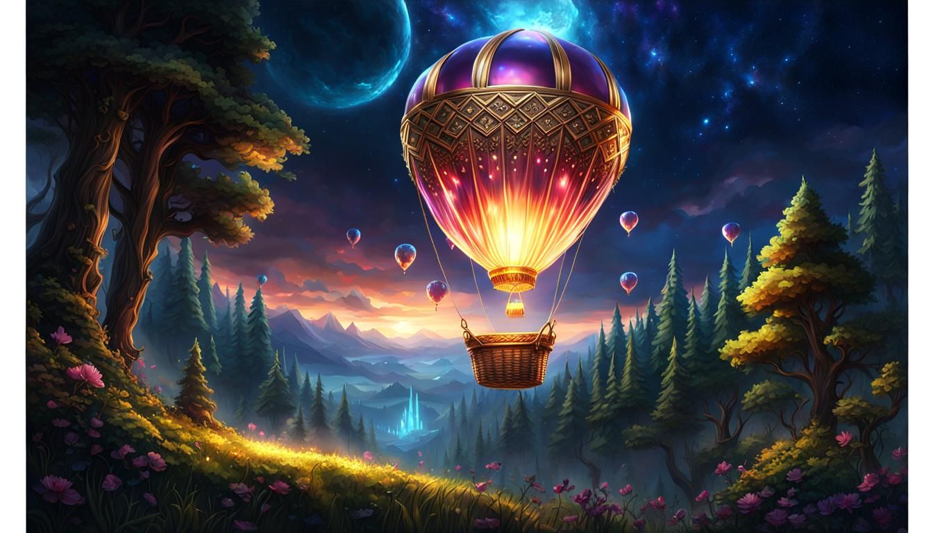 Crystal Balloon Over Forest at Night: Digital Matte Painting