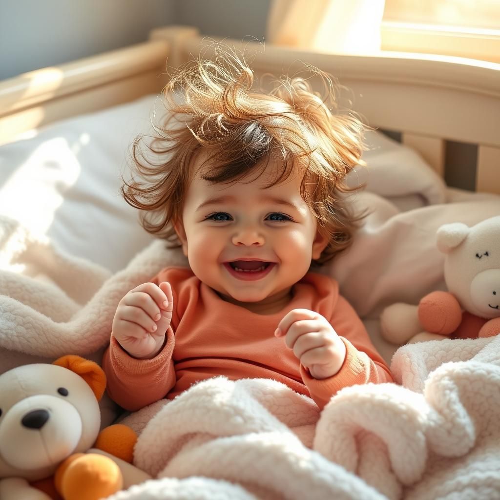 Adorable Toddler Giggling in Bed: Photorealistic Digital Art