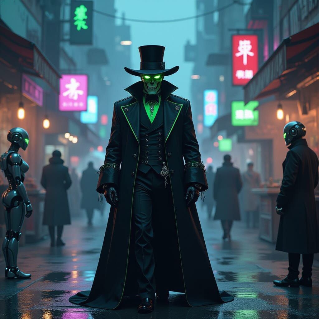 Baron Samedi in a Crowded Cyberpunk Market