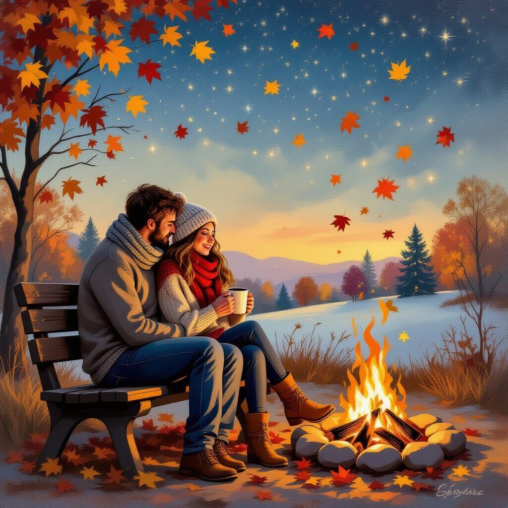 Romantic Bonfire Scene in Impressionistic Style