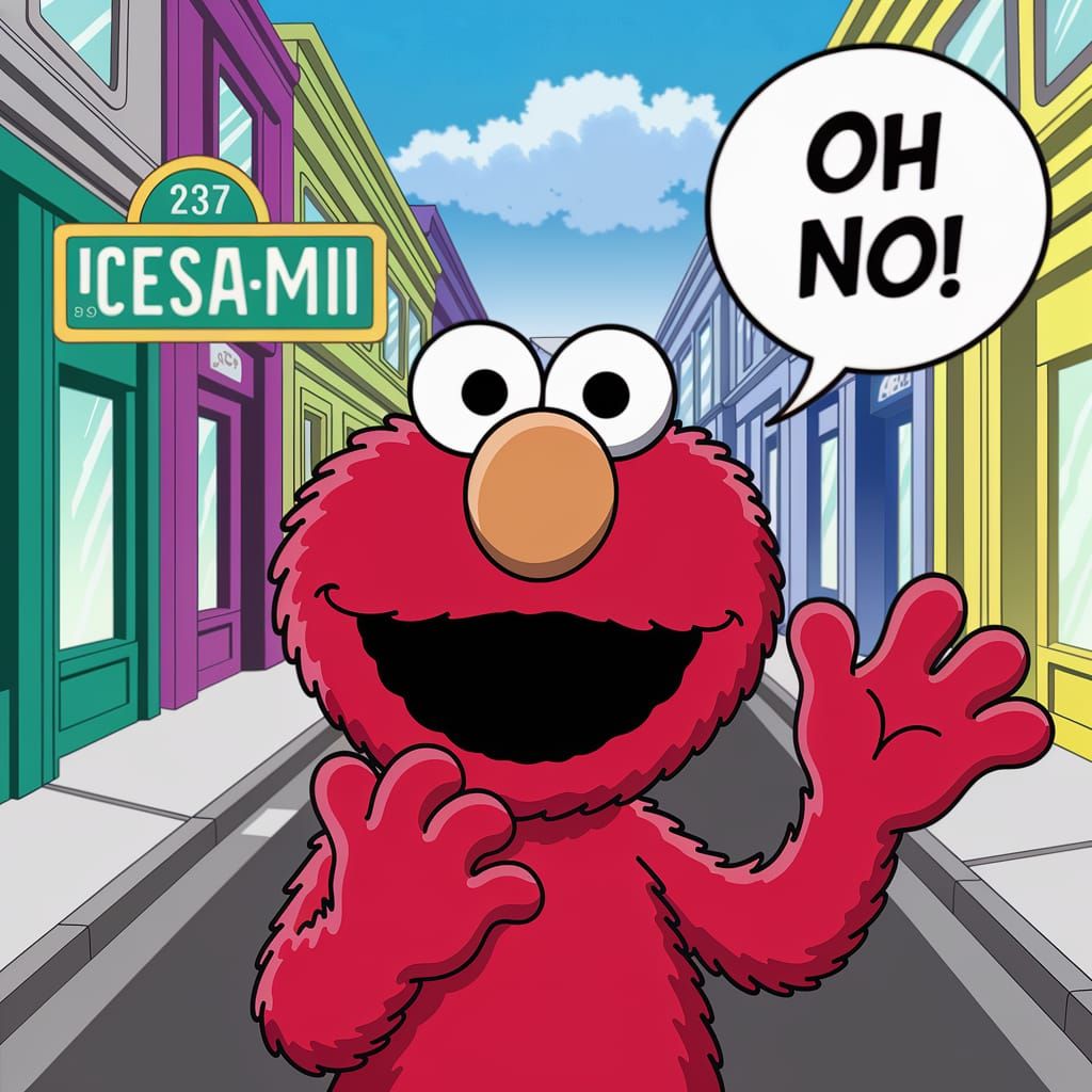 Sesame Street Elmo in Cartoon Panic with Vibrant Colors