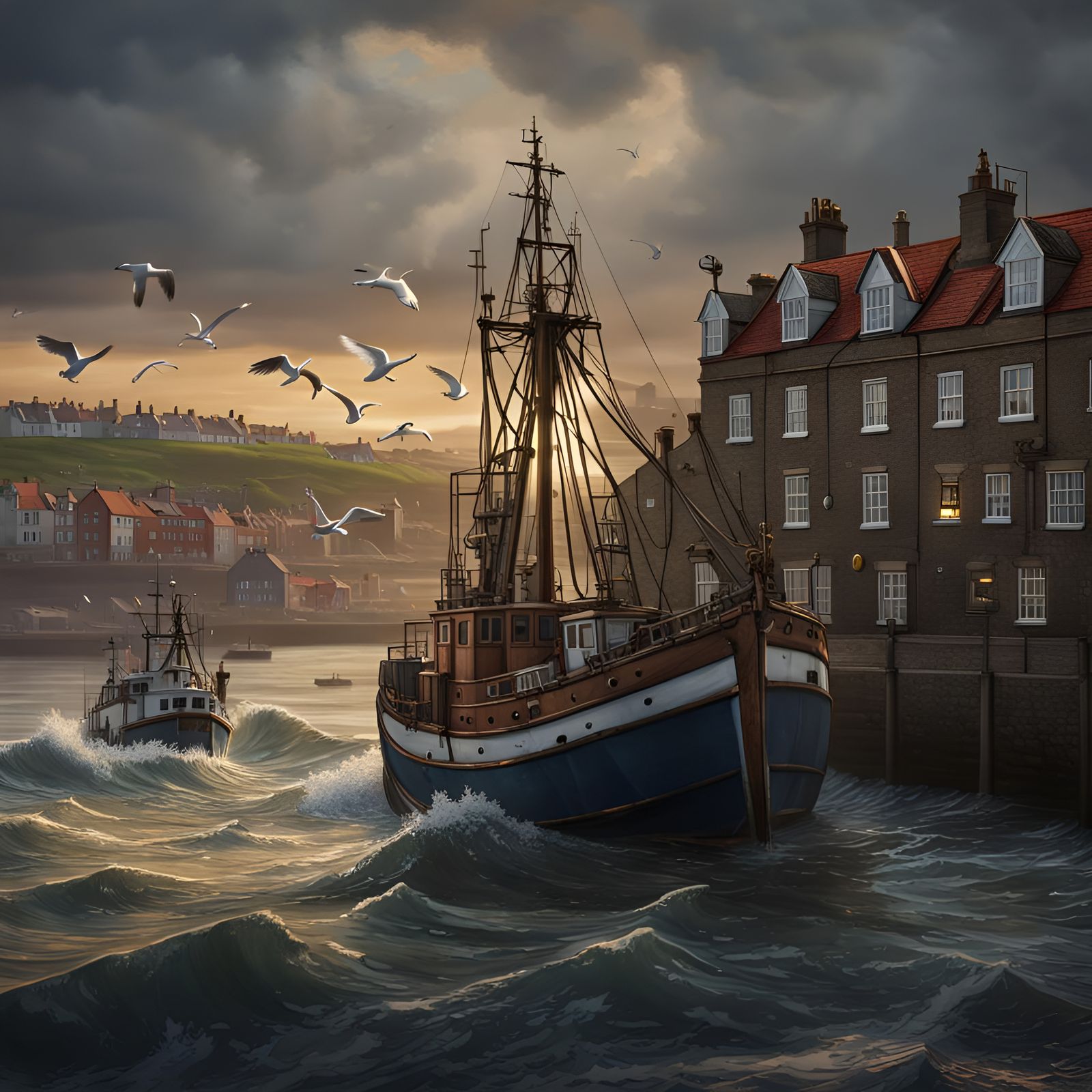 Fishing Trawler Returns: Detailed Matte Painting