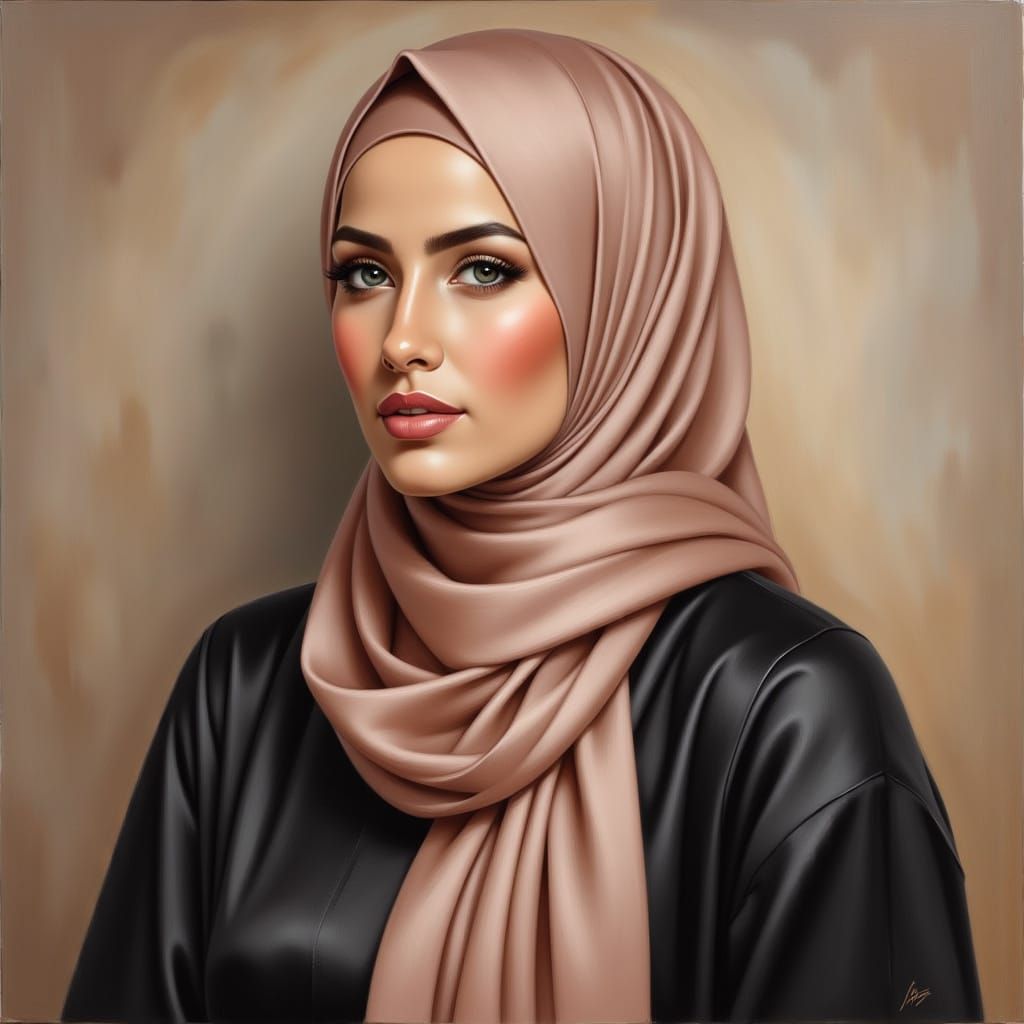 Beautiful Hijabi Woman Portrait in Modern Oil Painting Style