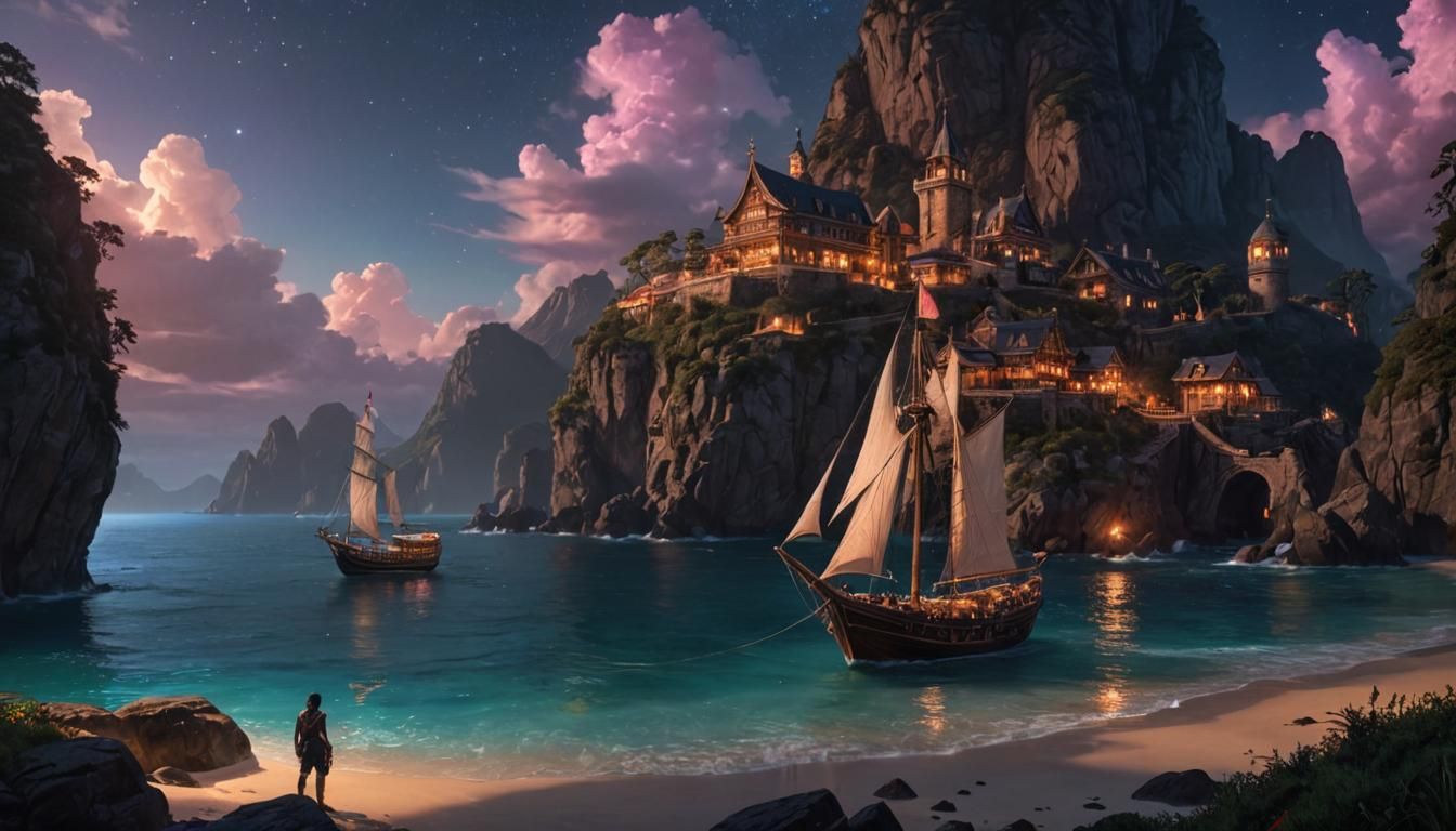 Bioluminescent Ships Sailing in a Psychedelic Night Sky