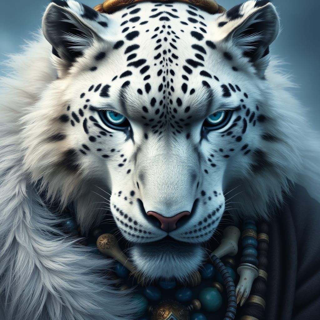 Inuit Snow Leopard Shaman (Spiritual Healer of the Arctic Realms) "Extreme close-up, hyper-detailed portrait of an Inuit...