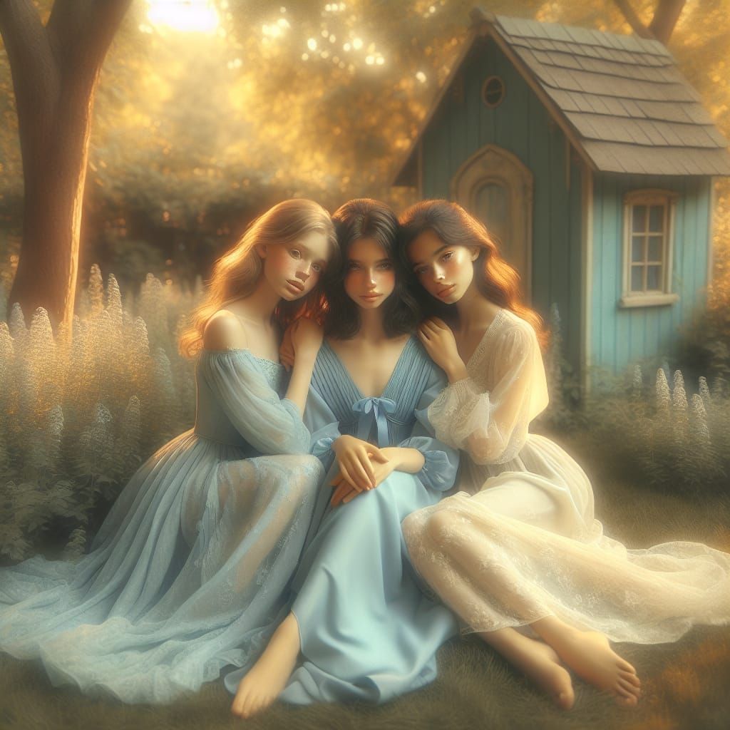 Girls in Lush Garden: Dreamy Summer Afternoon Scene