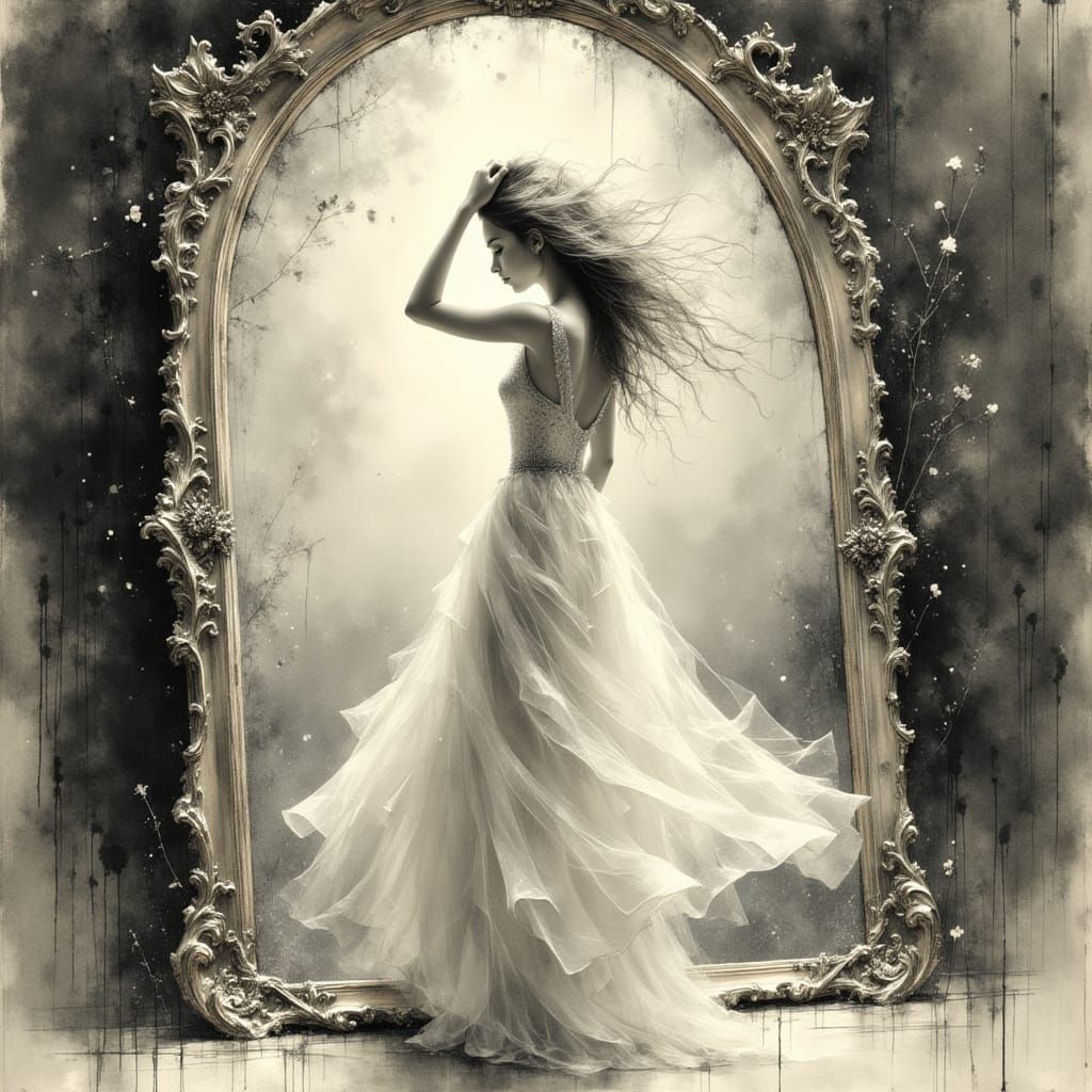 Surreal Pencil Drawing of Woman Before Ornate Mirror