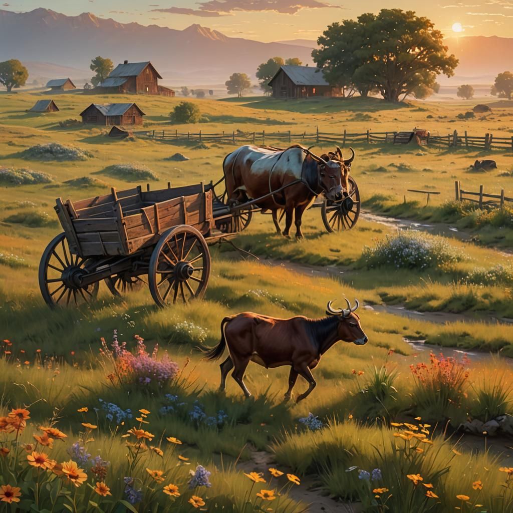 Oxcart on Prairie: Bierstadt-Inspired Digital Artwork