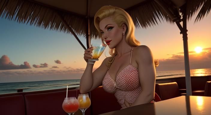 Blonde Model in Retro Pinup Beach Bar Scene