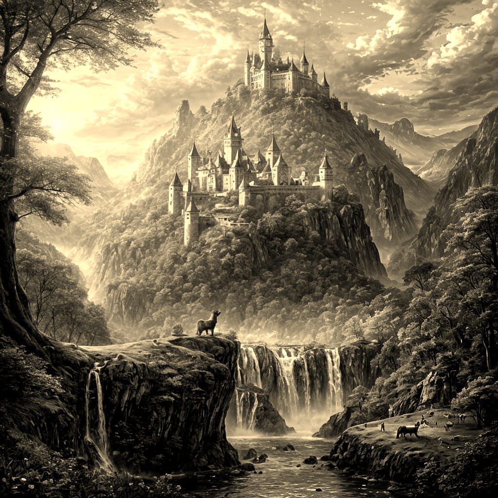 Majestic Castle on Mountain with Lions and Waterfall
