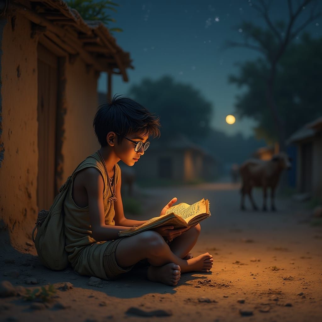Indian Village Boy Studies Under Starry Night Sky