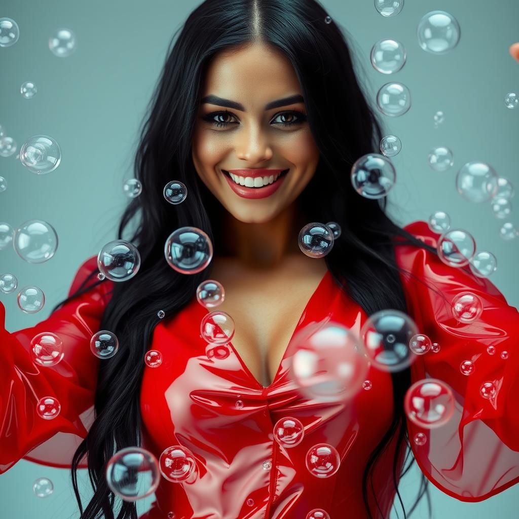 Woman with Black Hair and Red Dress Surrounded by Bubbles