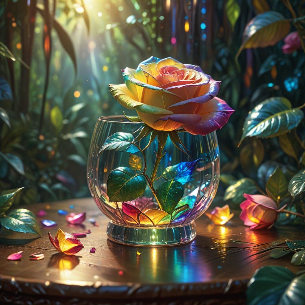 Rainbow Light Illuminates Glass Rose: Oil Painting