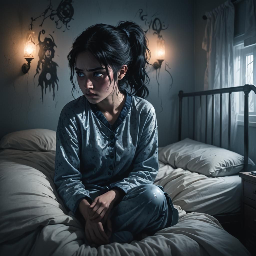 Terrified Girl and Shadowy Figure: Dark Fantasy Art