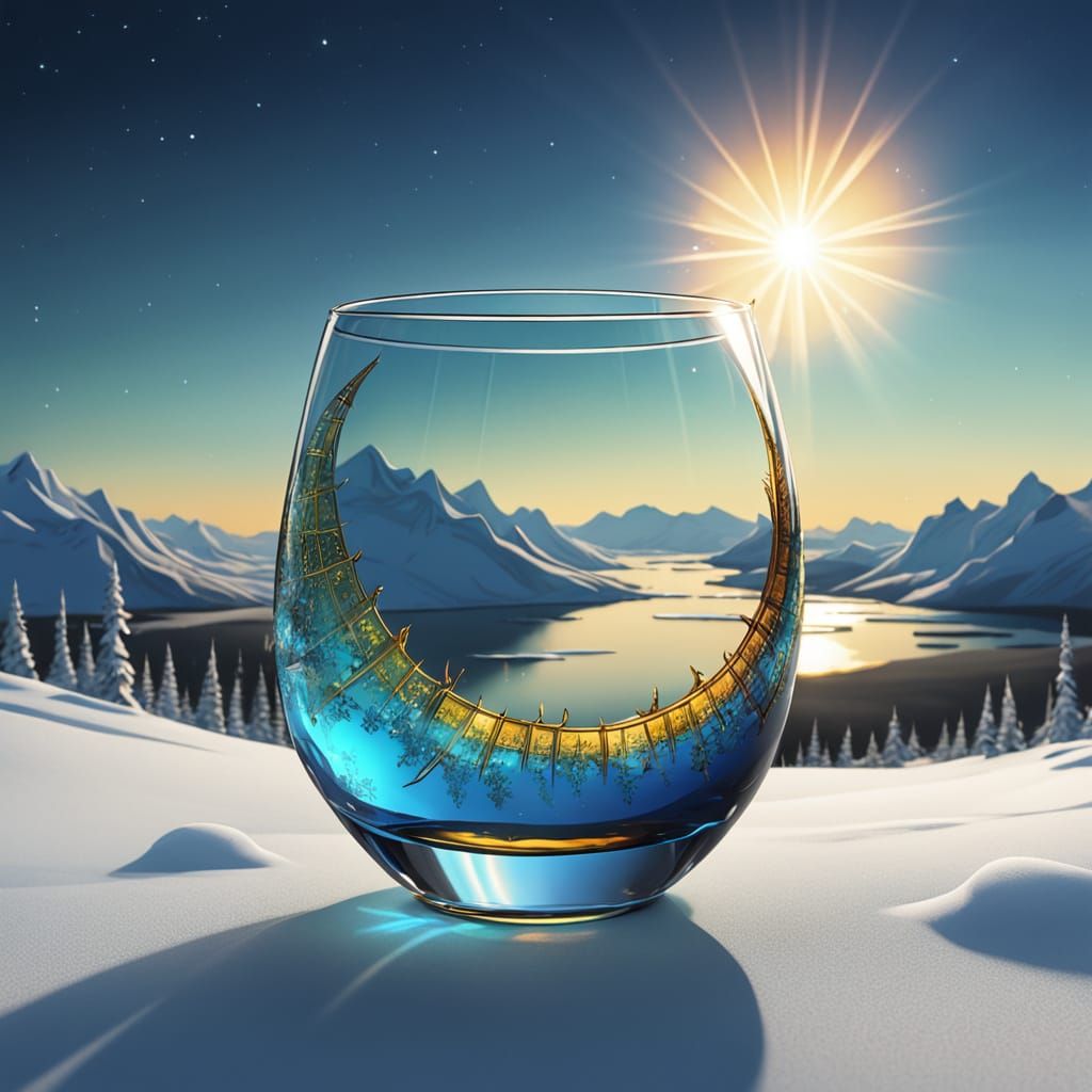 Glass Crescent Moon Over Alaska with Aurora Colors