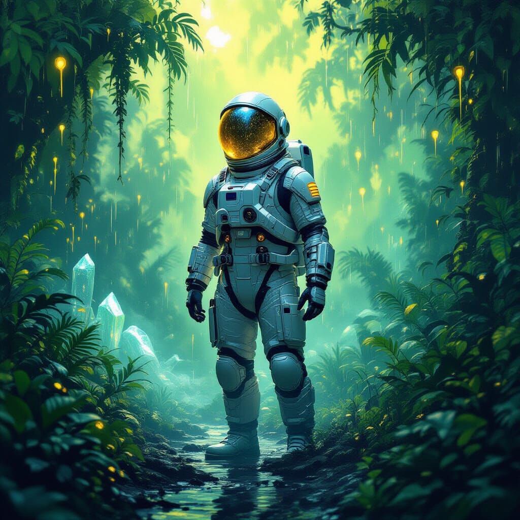 Astronaut in Alien Jungle with Bioluminescent Flora
