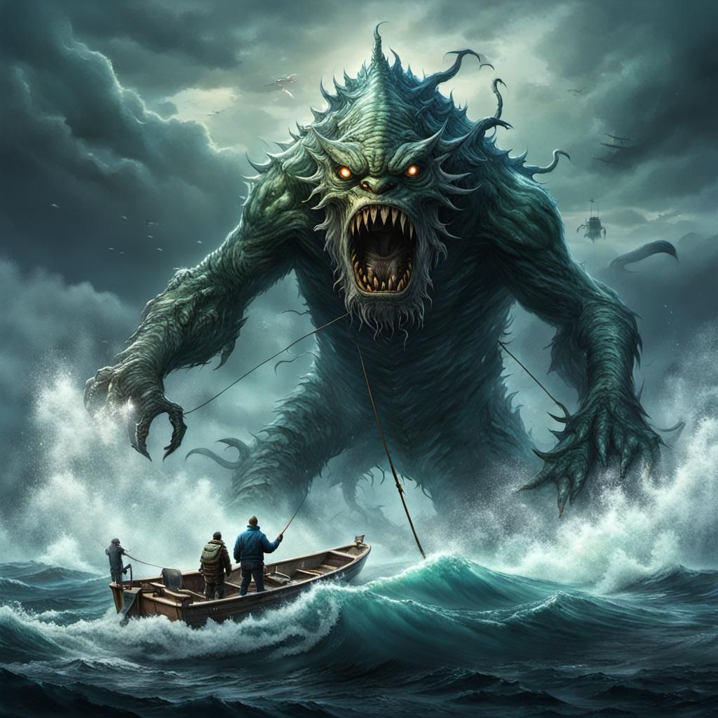 Fisherman's Fright: Sea Monster Encounter in Digital Art