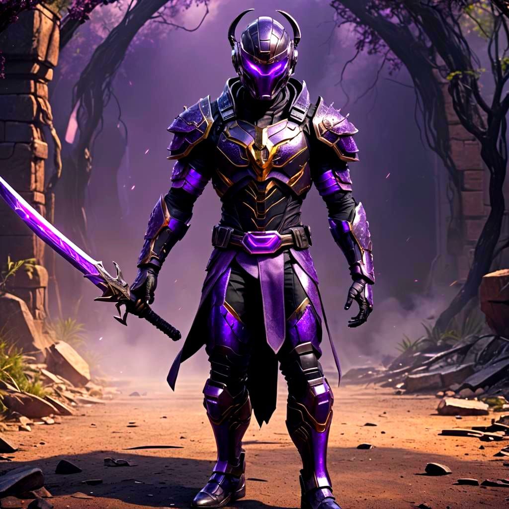 Cybernetic Superhero in Black and Purple Snake Suit