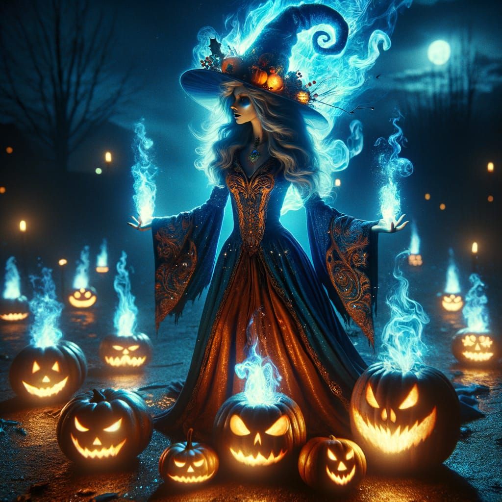 Christmas Witch with Blue Flames in Festive Attire
