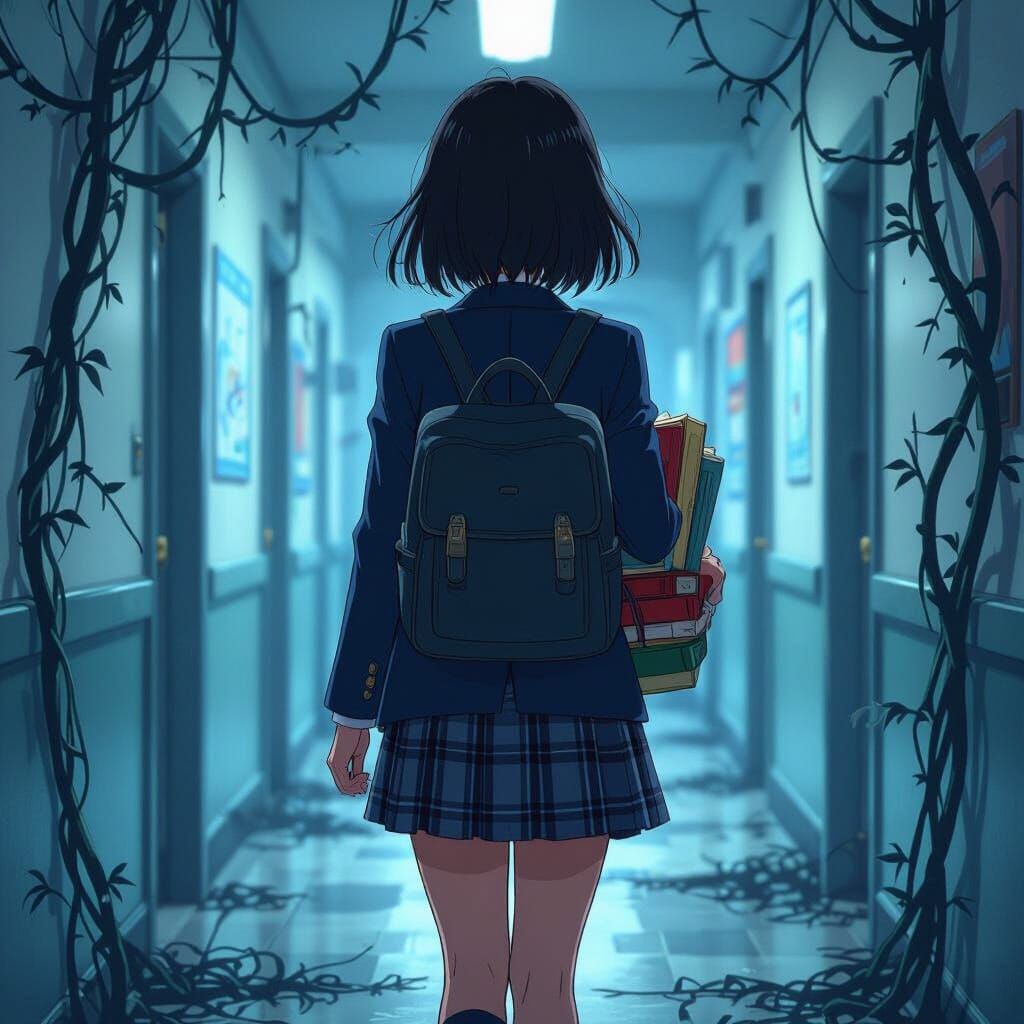 Anime Schoolgirl in Vine-Covered Hallway