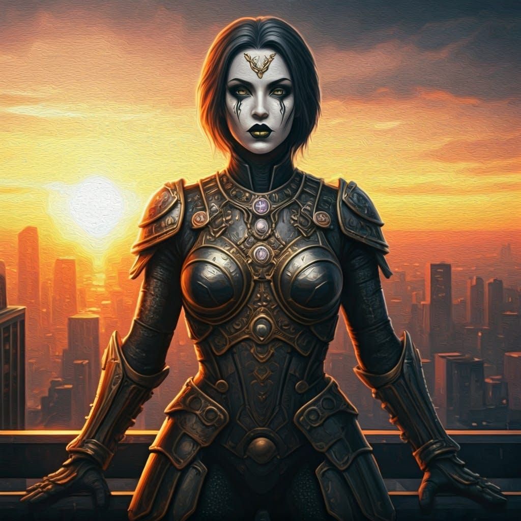 Gothic Vigilante in Opulent Armor Amidst Golden Sunset