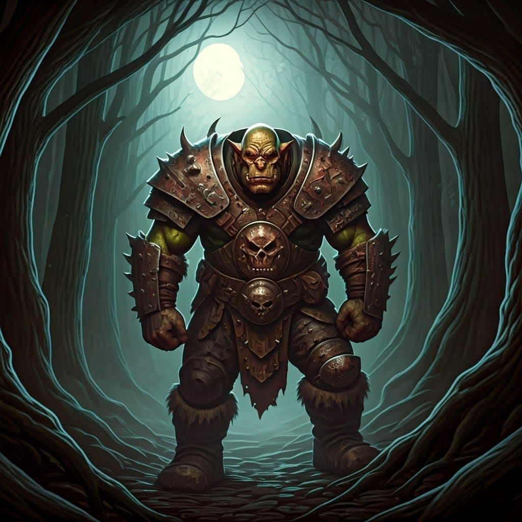 Ork Warrior in Misty Forest, Dark Fantasy Art