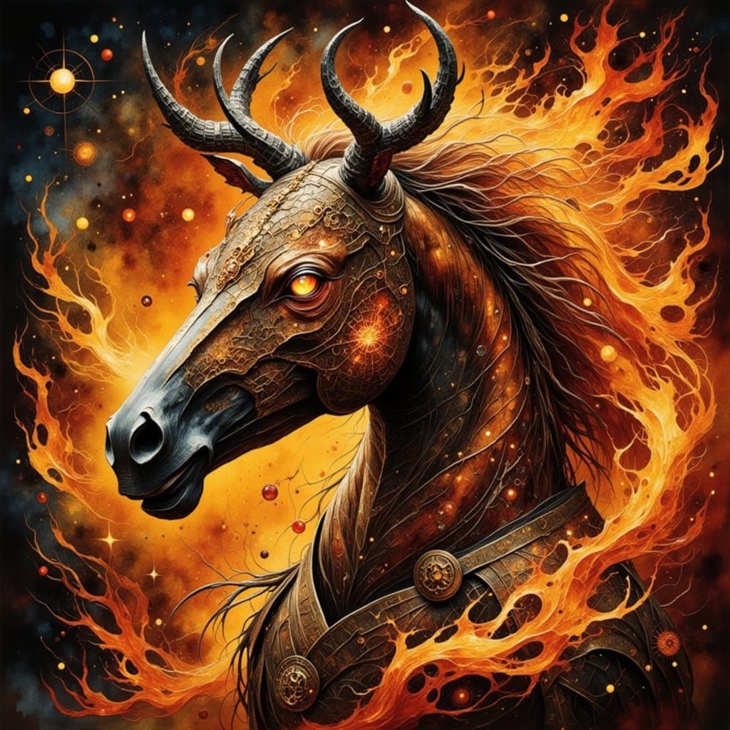 Majestic Elemental Fire Horse Gallops Through Fiery Landscap...