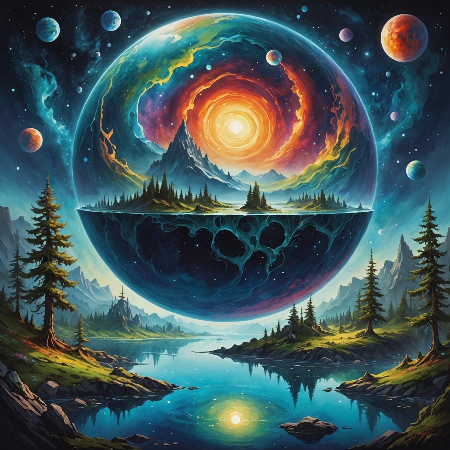 Earth in a Magical Galaxy as Gouache Painting