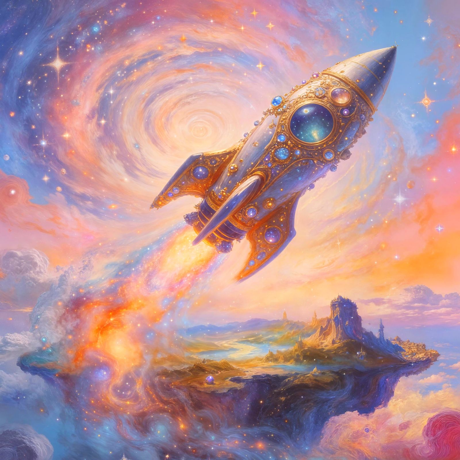 Ornate Rocket Ship Above Floating Island in Pastel Sky