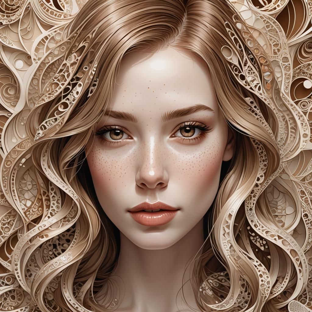 Happy Freckled Girl Portrait with Abstract Fractal Style