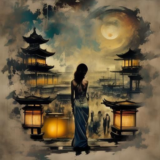 Woman in Kimono at Tea House with Lanterns