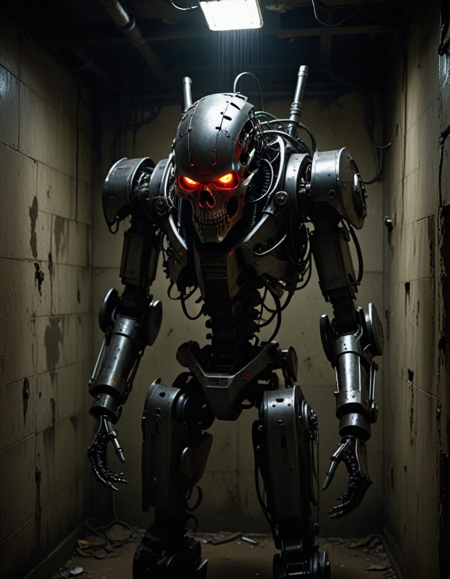 Dystopian Cybernetic Killing Machine in a Dirty Bathroom