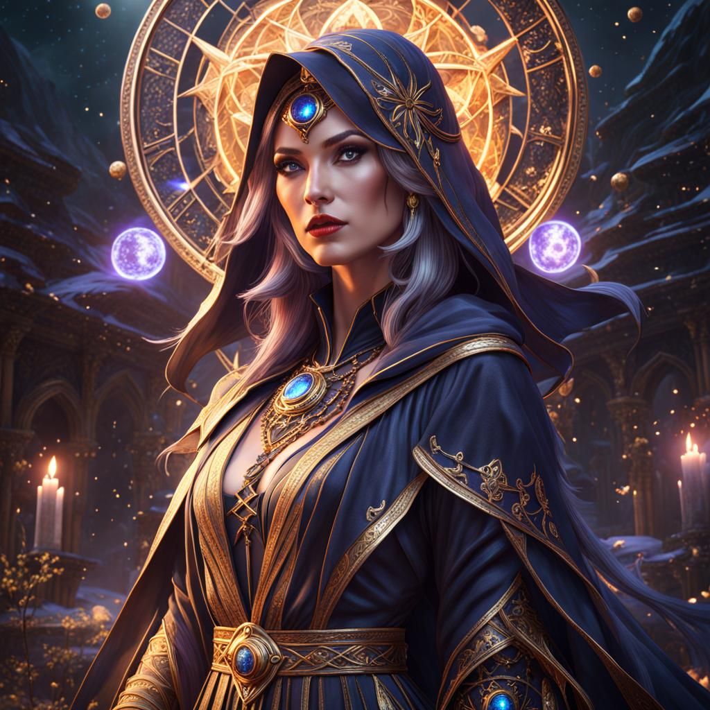 Mysterious Sorceress Under Astrological Circle