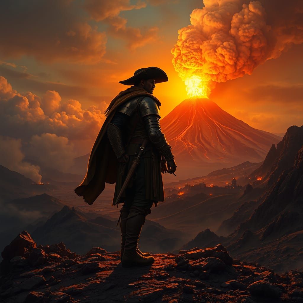 Conquistador Silhouette at Fiery Volcano Eruption