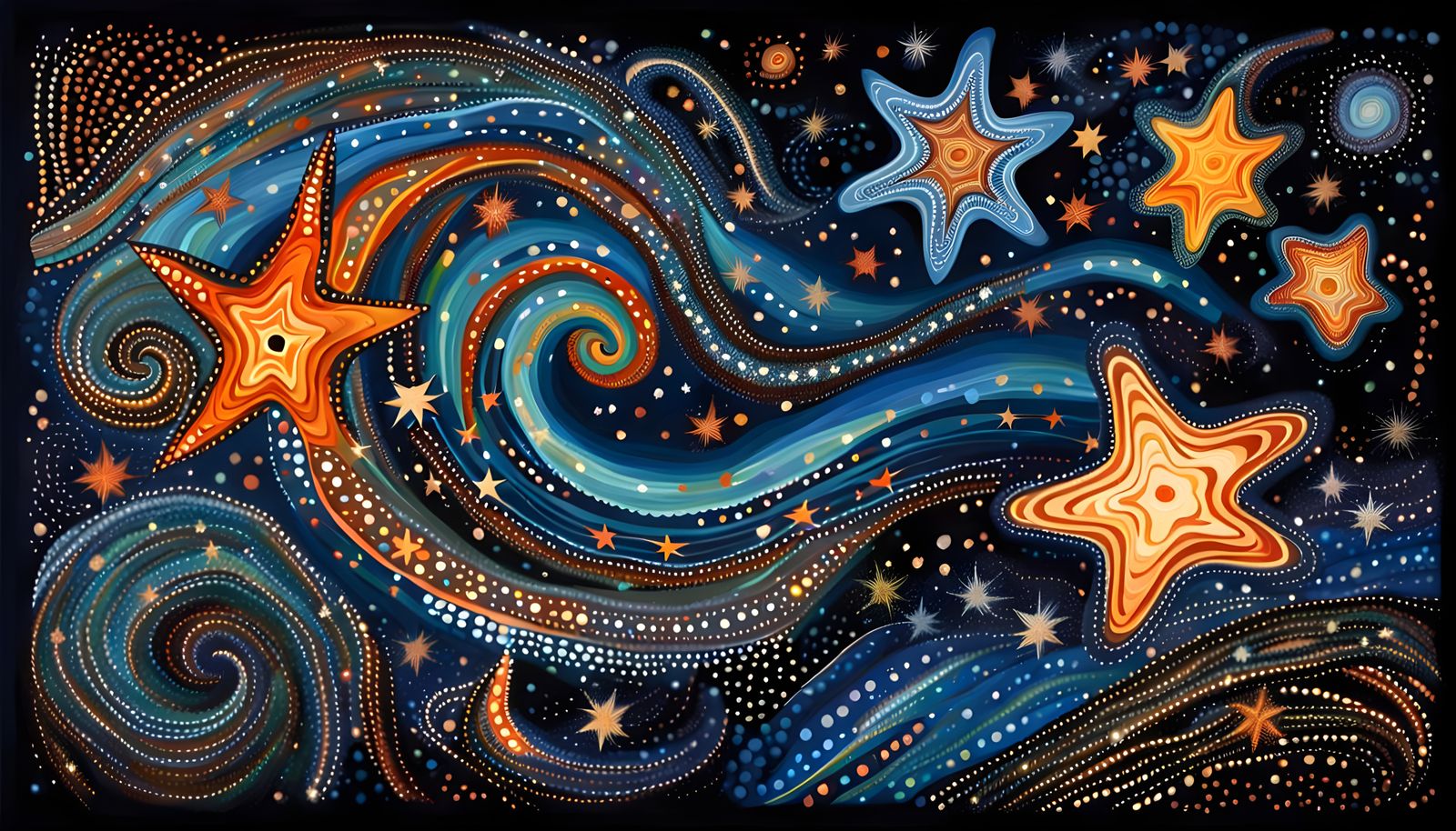 Aboriginal Dot Painting of Variegated Cosmic Stars