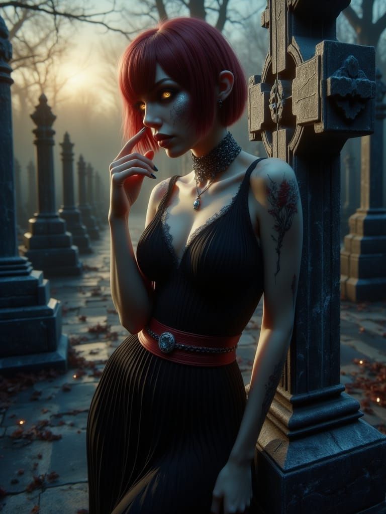 Auburn Woman in Cemetery, Art Nouveau Style