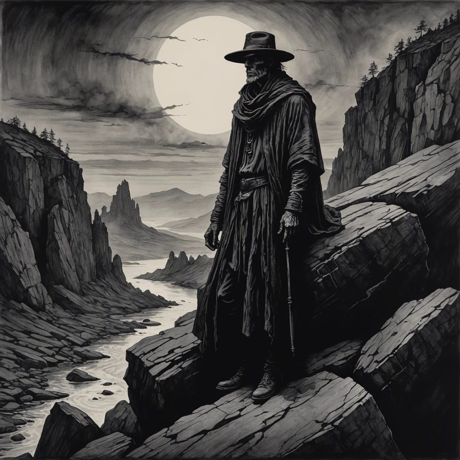 Enigmatic Figure in Pen and Ink Drawing