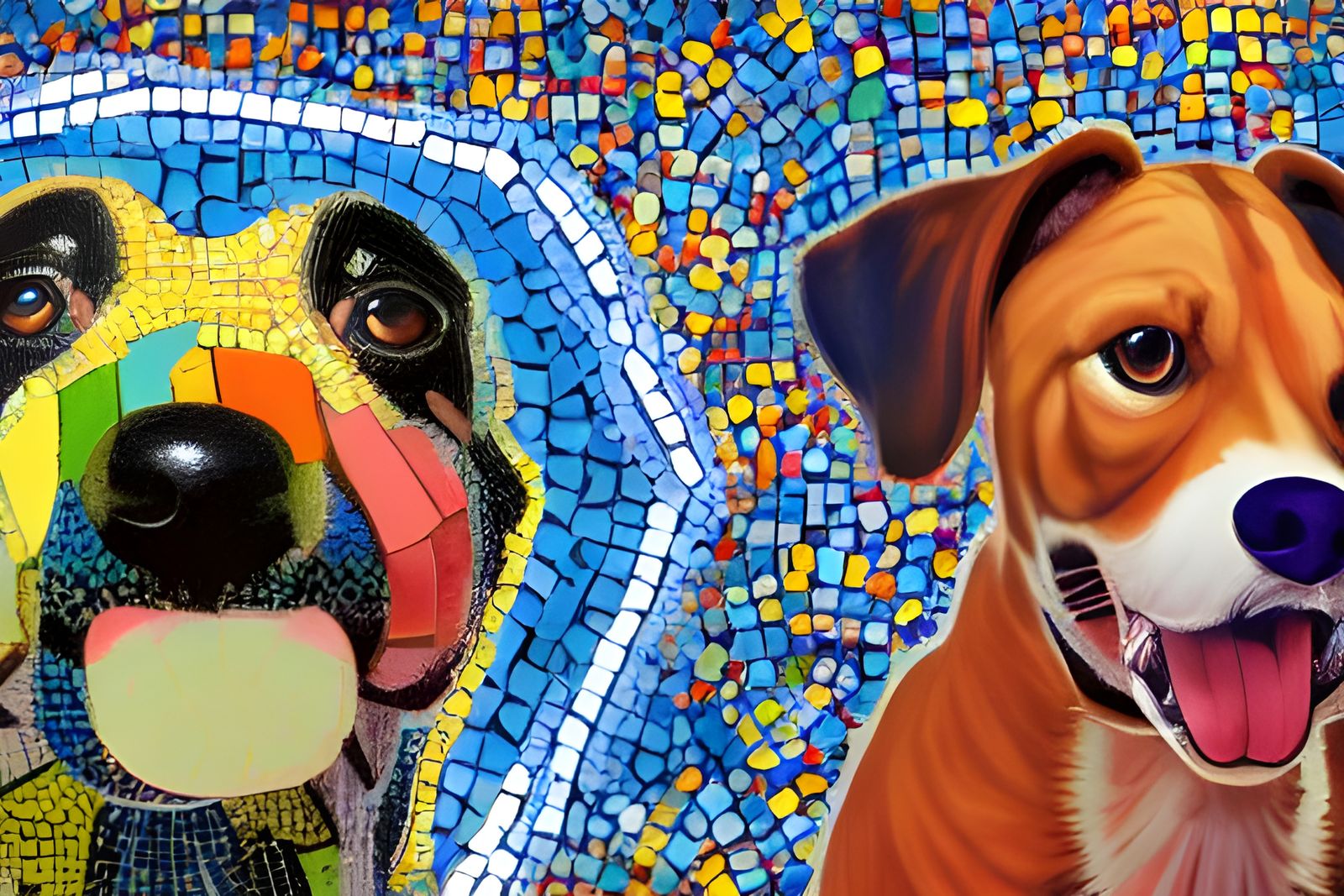 Photorealistic Mosaic Dog, Polka Dot Cat, Colorful Fish