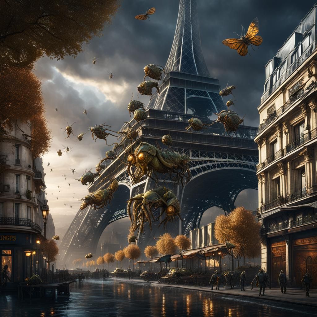 Insectoid AI Army Invades Paris: Detailed Matte Painting