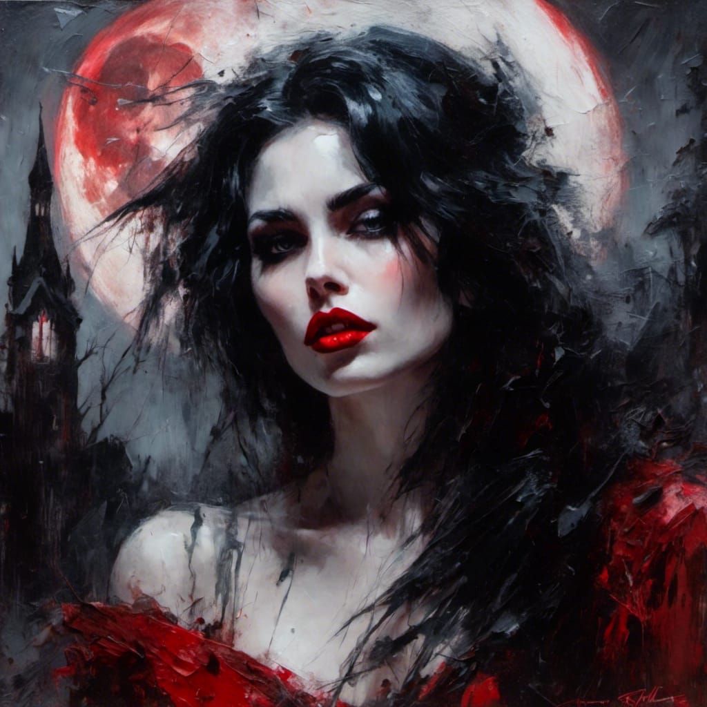 Gothic Woman Before White Palace as Oil Painting